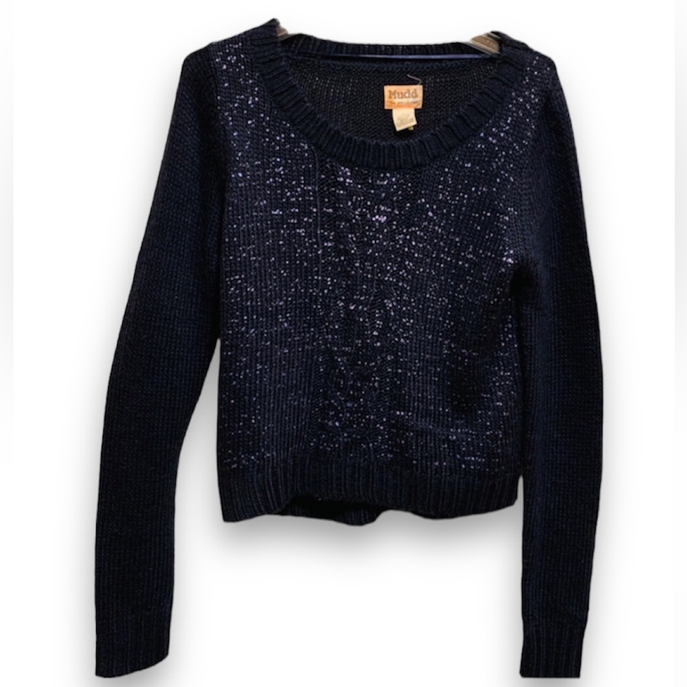 Mudd Cropped, Navy Blue w/ Lilac Metallic Flecks Long Sleeve Crop Sweater VGUC